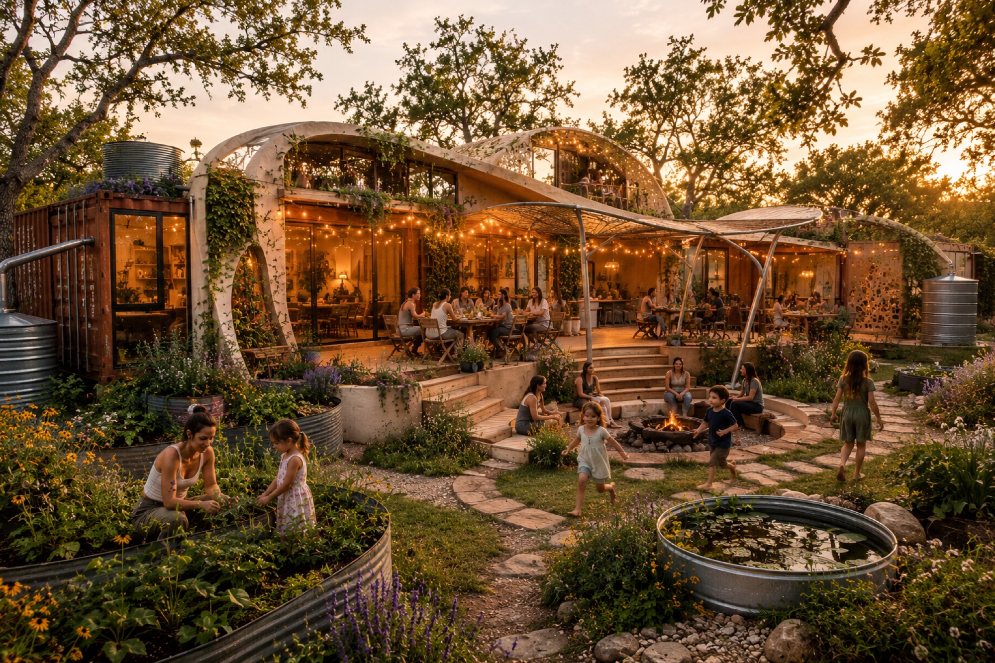 Mothers and children gathering in the ranch gardens at golden hour