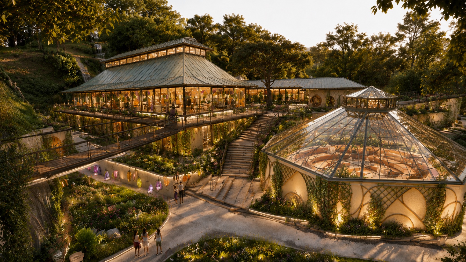 Terraced bathhouse and healing gardens with glass rotunda