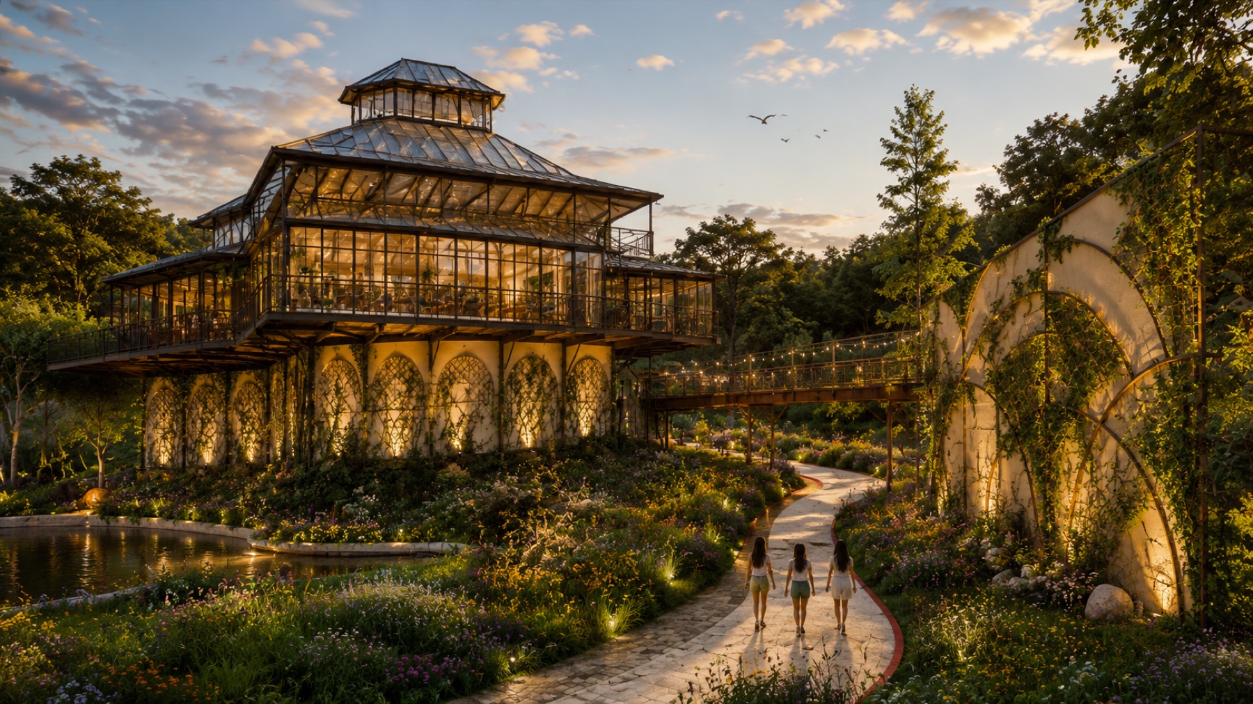 Glass conservatory gathering hall with skybridge at golden hour