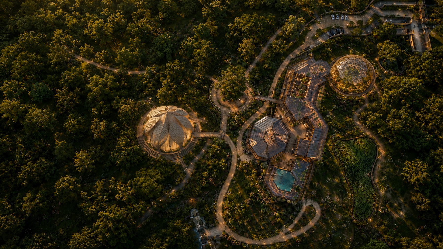 Aerial view of the Reimagine Ranch masterplan at dusk